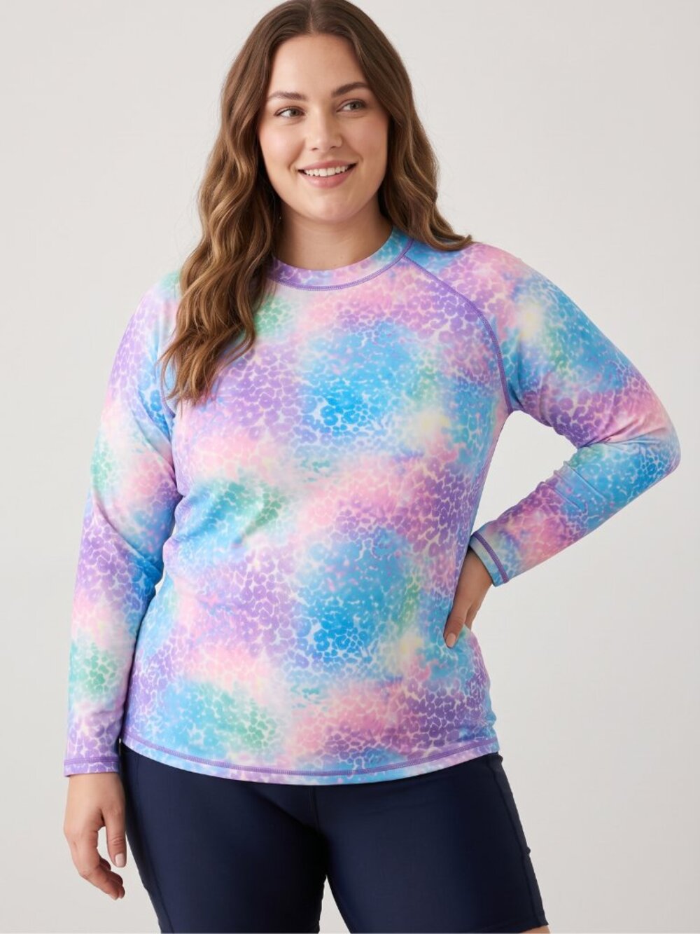NWT Halcurt Plus Size 1X Long Sleeve Rash Guard Swim Shirt Pastel Tie Dye 1X